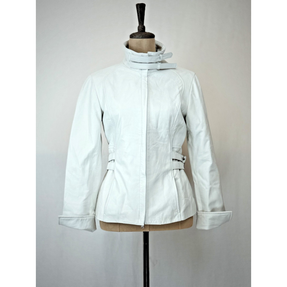 Premium Peruzzi White Leather Moto Jacket Womens Medium #1-0163 Italy